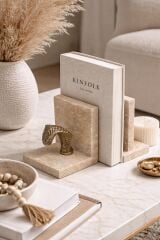 Doğal Traverten Yılan Detaylı Dekoratif Kitap Tutucu