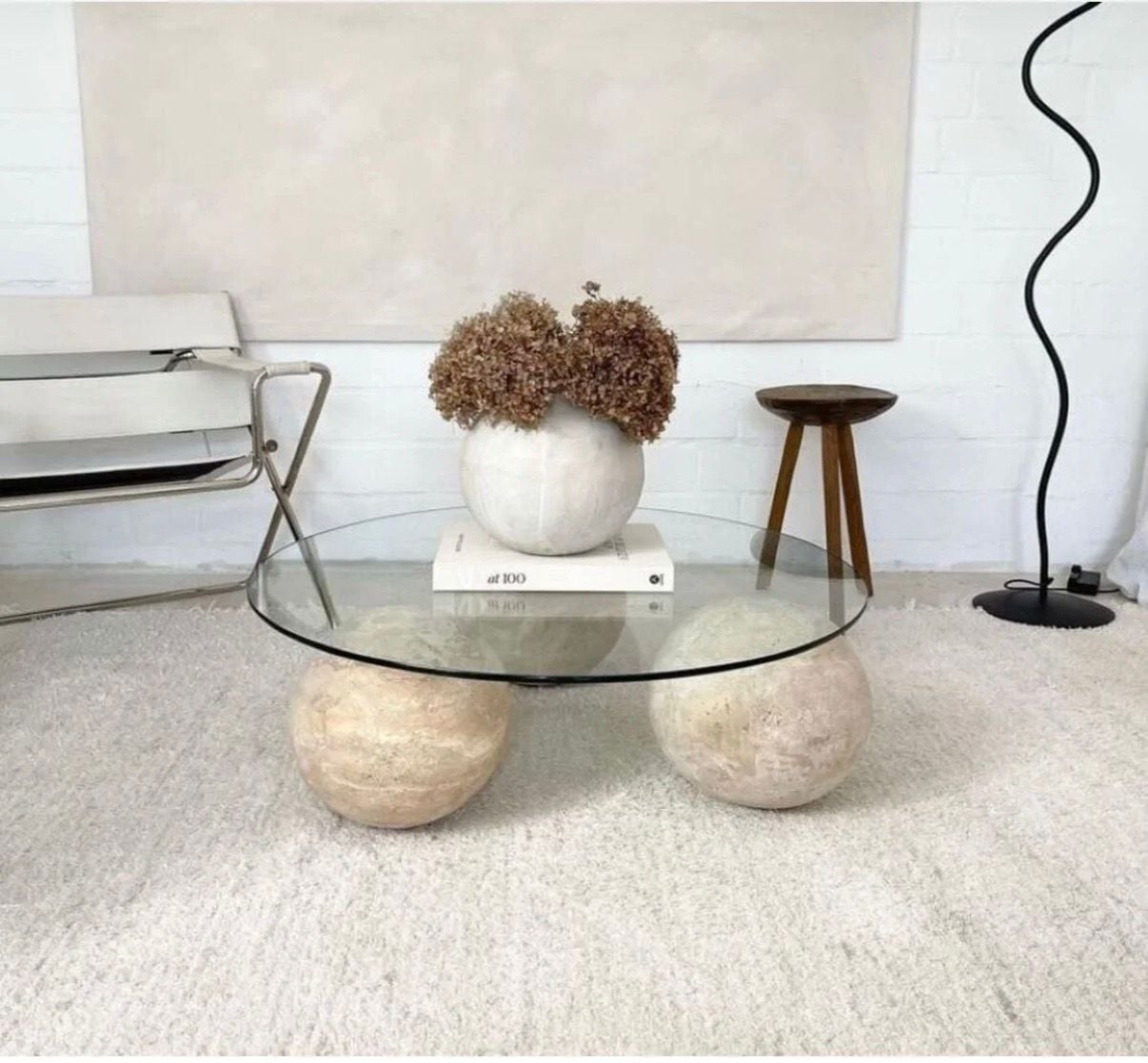 Traverten Top Ayaklı Cam Orta Sehpa 90cm