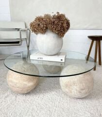 Traverten Top Ayaklı Cam Orta Sehpa 90cm