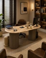 Traverten Oval Ortası Kavisli Ofis Masası