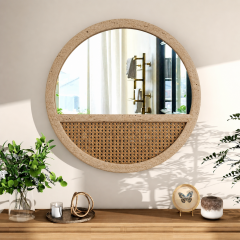Traverten Yuvarlak Ayna Rattan Kaplamalı 60cm