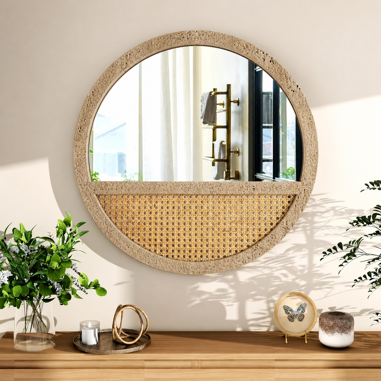 Traverten Yuvarlak Ayna Rattan Kaplamalı 60cm
