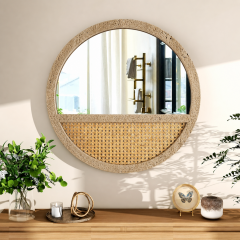 Traverten Yuvarlak Ayna Rattan Kaplamalı 60cm