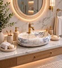 Doğal Mermer Oval Tezgah Üstü Lavabo