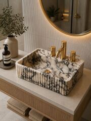 Doğal Mermer Flüt Detaylı Tezgah Üstü Lavabo