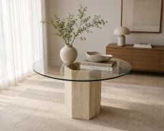 Doğal Traverten Cam Sehpa – 100 × 75 cm