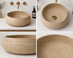 Doğal Taş Traverten Yuvarlak Lavabo – 35 cm