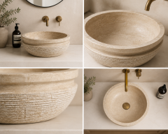 Doğal Taş Traverten Tezgâh Üstü Lavabo – 42 cm