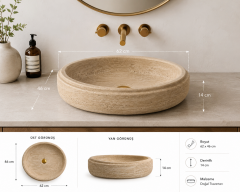 Doğal Traverten Tezgâh Üstü Lavabo – Oval | 62 × 46 cm