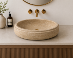 Doğal Traverten Tezgâh Üstü Lavabo – Oval | 62 × 46 cm