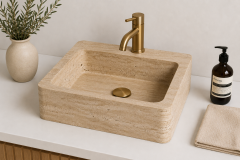 Doğal Traverten Tezgâh Üstü Lavabo – 45 × 49 cm