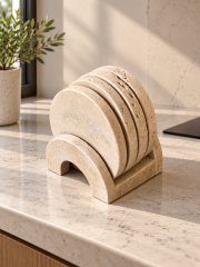 Doğal Traverten Bardak Altlığı Seti – 4’lü Standlı Set