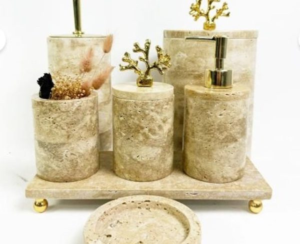 Traverten Banyo Seti 7li Gold Mercan Objeli Standlı