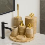 Traverten Banyo Seti 7li Gold Mercan Objeli