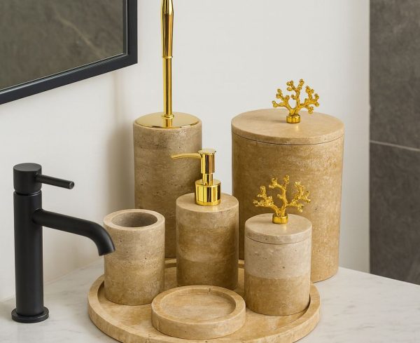 Traverten Banyo Seti 7li Gold Mercan Objeli