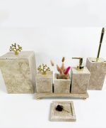 Traverten Banyo Seti 7li  Kare Gold Mercan Objeli Standlı