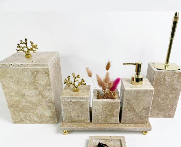 Traverten Banyo Seti 7li  Kare Gold Mercan Objeli Standlı