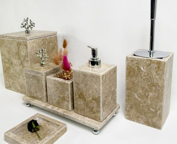 Traverten Banyo Seti 7li  Kare Gümüş Mercan Objeli Standlı