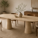 Traverten Oval Yemek Masası – Ribbed Pedestal