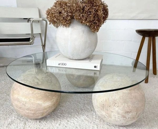 Traverten Top Ayaklı Sehpa 90cm Cam Tablalı