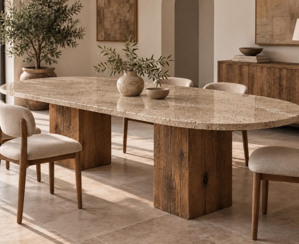 Terra Traverten Tablalı Ahşap Blok Ayaklı Masa